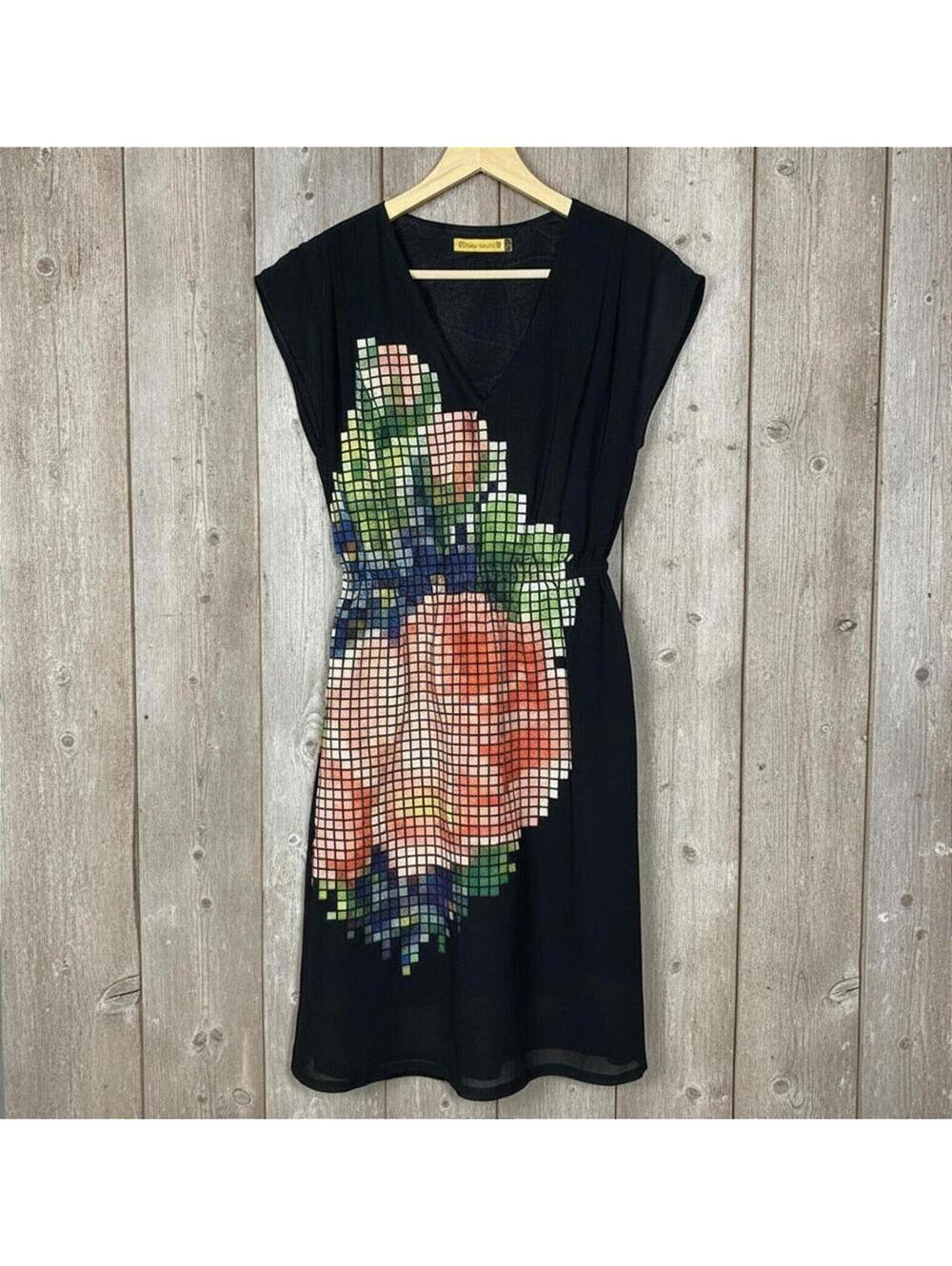 Pankaj & Nidhi Pixelated Fleur Dress XS Black Floral Embroidered Midi V-Neck